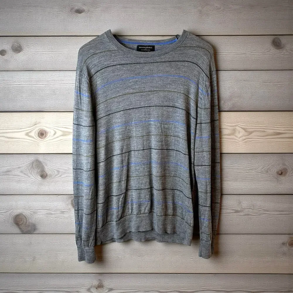 Banana Republic Mens 100% Merino Wool Striped Sweater Gray L Office Academia